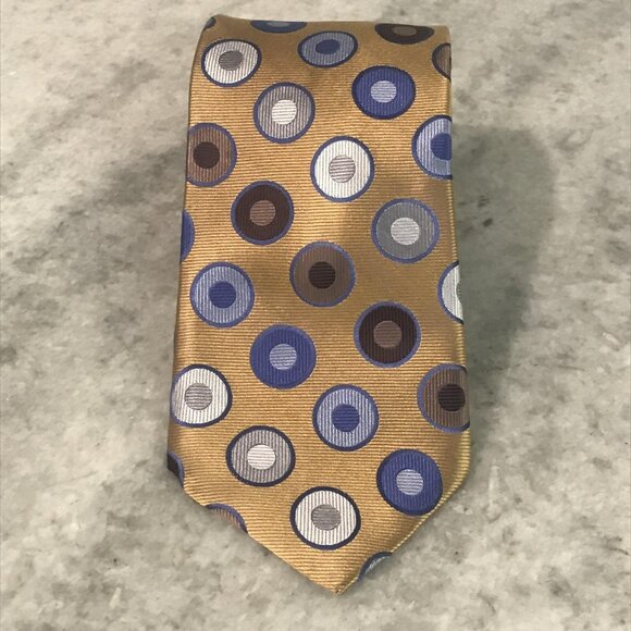 Dion Tie Mens Silk Tan BlueHand Crafted Necktie Classic Circle Preppy Formal - Picture 1 of 7